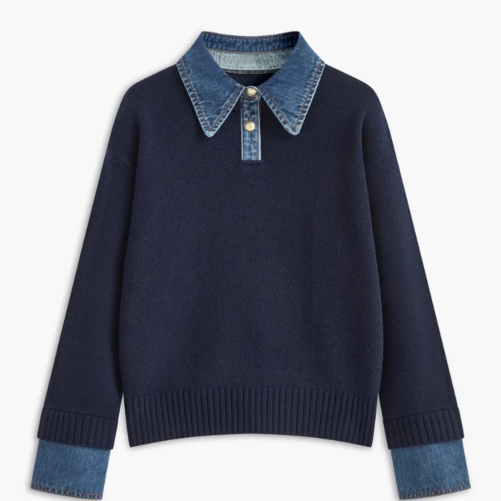 Navy Sweater with Denim Collar